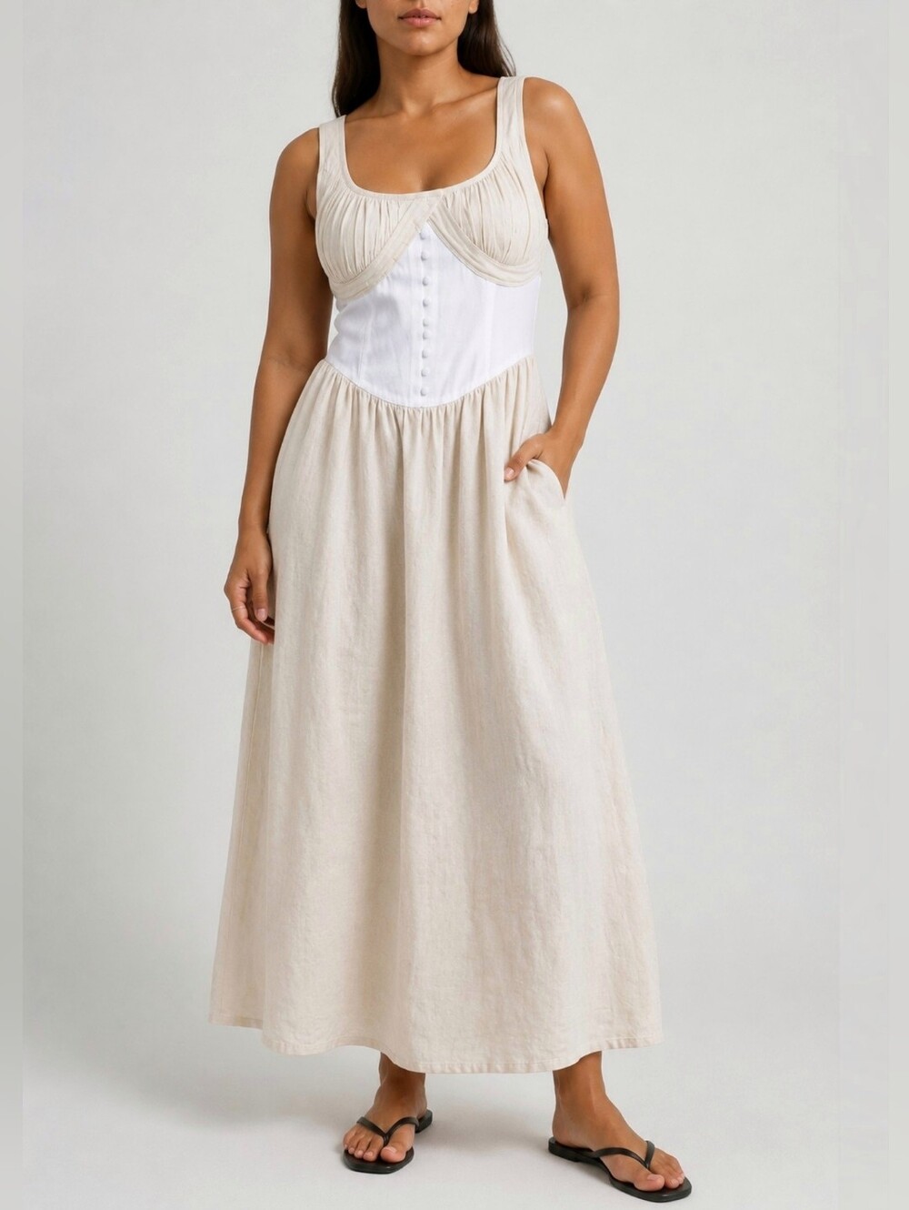 Tach Nasser Colorblock Linen Blend Midi Dress Romantic Coastal Minimalist L